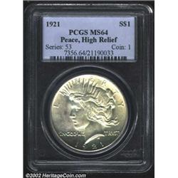 1921 S$1 MS64 PCGS. Untoned with a typical strike for the issue, the frosty textured surfaces are ex