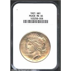 1921 S$1 MS64 NGC. Dusky lemon-gold patina. A lustrous and impressively preserved near-Gem. The cent