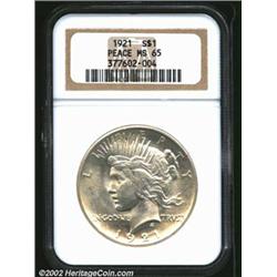 1921 S$1 MS65 NGC. Light apricot-gold patina hugs the margins. A lustrous Gem with a reasonable stri