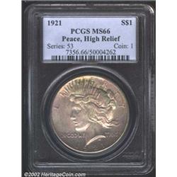 1921 S$1 MS66 PCGS. This is one of the finest 1921 Peace Dollars we have seen since the pair of full