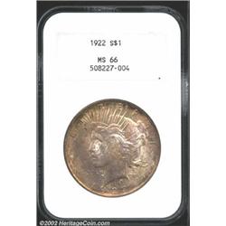 1922 S$1 MS66 NGC. Deeply toned with full underlying luster and an above average strike. No signific