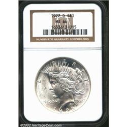 1922-D S$1 MS66 NGC. Shimmering, pure white luster with a near-complete strike. The surfaces are sat