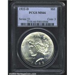 1922-D S$1 MS66 PCGS. Sharply struck with bright luster and a dash of golden toning. The surfaces, w