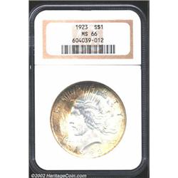 1923 S$1 MS66 NGC. Bright, highly lustrous surfaces with only a few minor luster grazes and bag mark