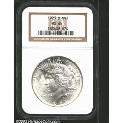1923-D S$1 MS65 NGC. Nice white mint luster with sharp definition. The surfaces exhibit only a few l