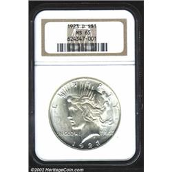 1923-D S$1 MS65 NGC. Near-full definition with bright white luster and light marks consistent with t