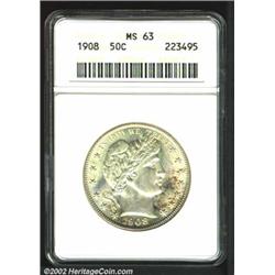 1908 50C MS63 ANACS. Both sides have gentle lemon, lilac, and speckled golden-brown patina. A well s