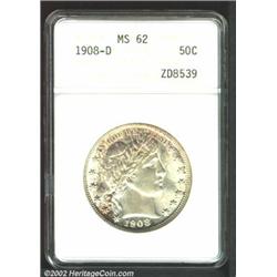 1908-D 50C MS62 ANACS. The margins have freckled copper-gold aqua-blue patina. A lustrous and sharpl