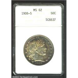 1908-S 50C MS62 ANACS. The rich powder-blue and golden-brown patina is lighter in the centers. A lus