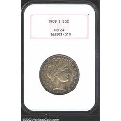 1909-S 50C MS64 NGC. Mottled antique-copper toning overlays both sides with a few hints of russet an