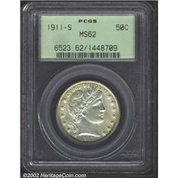 1911-S 50C MS62 PCGS. Slate-gray color forms a base for streaks of tan patina. This is a sharply str