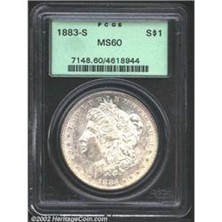 1883-S S$1 MS60 PCGS. A lustrous example, but the cheek and obverse field are thoroughly bagmarked,.