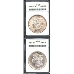 1884-CC S$1 MS62 ANACS, medium gray patina, a scuffy cheek but otherwise attractive; and an 1884-S A