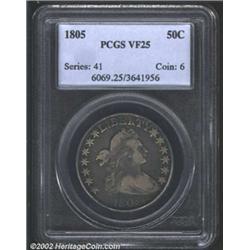 1805 50C VF25 PCGS. O-109a, R.3. Charcoal-gray toning in the fields is offset by much lighter, brill