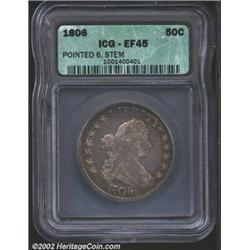1806 50C Pointed 6, Stem XF45 ICG. O-119, R.3. Deep gray-golden patina covers each side with blue ac