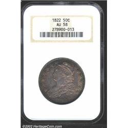 1822 50C AU58 NGC. O-114, R.3. Rich lilac-violet and golden-brown patina. A nicely struck example th