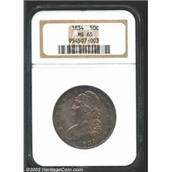 1834 50C Large Date, Small Letters MS65 NGC. O-107, R.1. Warm pastel tinged iridescence adorns both.