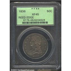 1836 50C Reeded Edge XF45 PCGS. Deep peripheral sea-green patina, while tan-gold color outlines the.