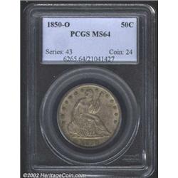 1850-O 50C MS64 PCGS. Open 5, Partial Drapery. Breen-4822. The first 1850-O Seated Half with partial