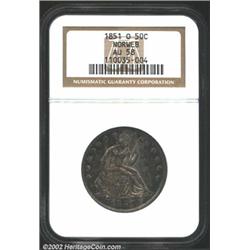 1851-O 50C AU58 NGC. The surfaces have mottled silver-gray and maroon patina. A well struck example.