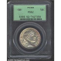 1901 50C MS62 PCGS. Relatively pleasing mint luster ripples across the surfaces with a frosty textur