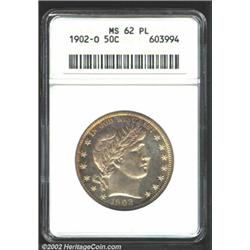 1902-O 50C MS62 Prooflike ANACS. Light golden-brown patina. The cheek has a tiny planchet flaw (as m