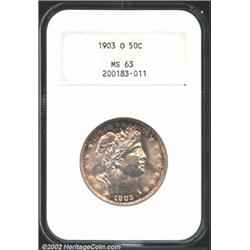 1903-O 50C MS63 NGC. Rich rose-violet, tobacco-brown, and sea-green peripheral patina. A lustrous sp