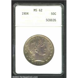 1904 50C MS62 ANACS. Rich sea-green and lilac patina. A well struck Barber Half that has good luster