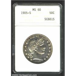 1905-S 50C MS60 ANACS. Lightly speckled with tobacco-brown patina. A nicely struck and somewhat proo