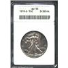 1919-D 50C AU55 ANACS. The borders have rich navy-blue patina, while mauve patina enriches much of t