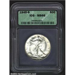 1945-S 50C MS66 ICG. A brilliant Gem with flashy luster and impressive surfaces. While not full, the
