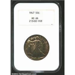 1947 50C MS66 NGC. Deeply and originally toned in shadings of emerald-green, rose, and gray with an.