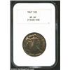 1947 50C MS66 NGC. Deeply and originally toned in shadings of emerald-green, rose, and gray with an.