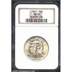 1947 50C MS66 NGC. This is a fully lustrous, frosty finished Gem with delicate golden tinting and a.