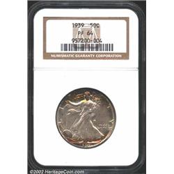 1939 50C PR64 NGC. The borders have rich gold, lime-green, and violet colors, while the centers have