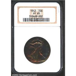 1942 50C PR65 NGC. Deeply toned in iridescent crimson, electric-blue, and gold colors. A sharply str