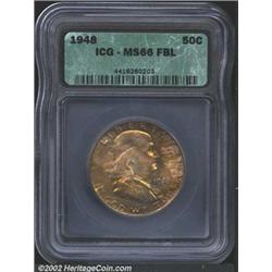 1948 50C MS66 Full Bell Lines ICG. A flashy Gem with bright yellow-green patina on the obverse, whil