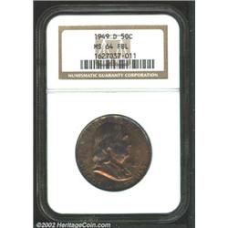 1949-D 50C MS64 Full Bell Lines NGC. Deep copper-gold patina, with some mauve-violet color on the po
