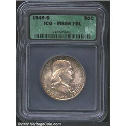 1949-S 50C MS66 Full Bell Lines ICG. The obverse has speckled russet patina, while the reverse has d