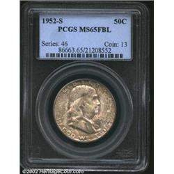 1952-S 50C MS65 Full Bell Lines PCGS. Mottled olive-copper iridescence has gathered over an even bla