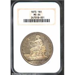 1873 T$1 MS64 NGC. This is one of the most significant Trade Dollars in this sale. The first-year 18