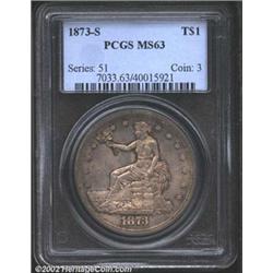 1873-S T$1 MS63 PCGS. Unquestionably original, the mostly lavender-gray surfaces reveal speckled rus