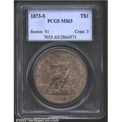 1873-S T$1 MS63 PCGS. Sharply struck with full luster beneath mottled russet toning. Close examinati