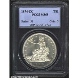 1874-CC T$1 MS63 PCGS. Medium CC. Trade Dollar production at the Carson City Mint ratcheted up to 1.