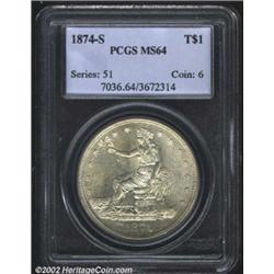 1874-S T$1 MS64 PCGS. Even though 2.5 million pieces were struck of this issue, it is surprisingly s