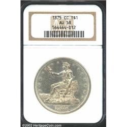 1875-CC T$1 AU58 NGC. Type I Obverse / Type II Reverse. Tall CC, the only known mintmark style. Bree