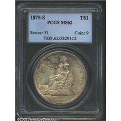 1875-S T$1 MS62 PCGS. Type I Obverse / Type II Reverse. Large S. Breen 5793. The obverse is overlaid