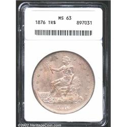 1876 T$1 MS63 ANACS. Type I Obverse / Type II Reverse. Light golden-brown patina. A well struck piec