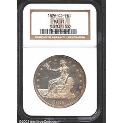 1876-CC T$1 MS61 NGC. Type I Obverse / Type II Reverse. Tall CC. An interesting coin, the nearly unt