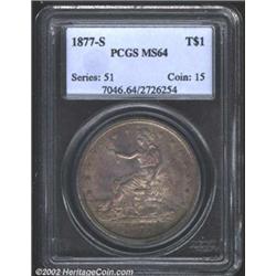 1877-S T$1 MS64 PCGS. The mint frost is thick and readily apparent beneath the mottled russet-golden